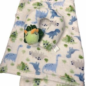 Plush Dino Travel Neck Pillow with Matching Dinosaur Print Blanket